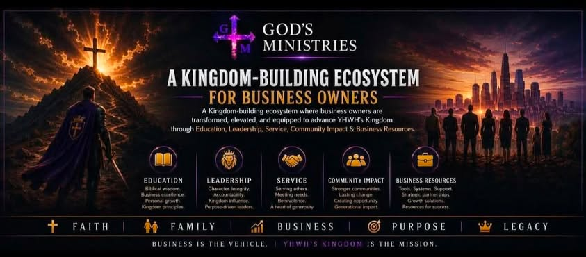 God's Ministries: a Kingdom-building ecosystem for business owners built on Education, Leadership, Service, Community Impact and Business Resources, with the foundations of Faith, Family, Business, Purpose and Legacy.