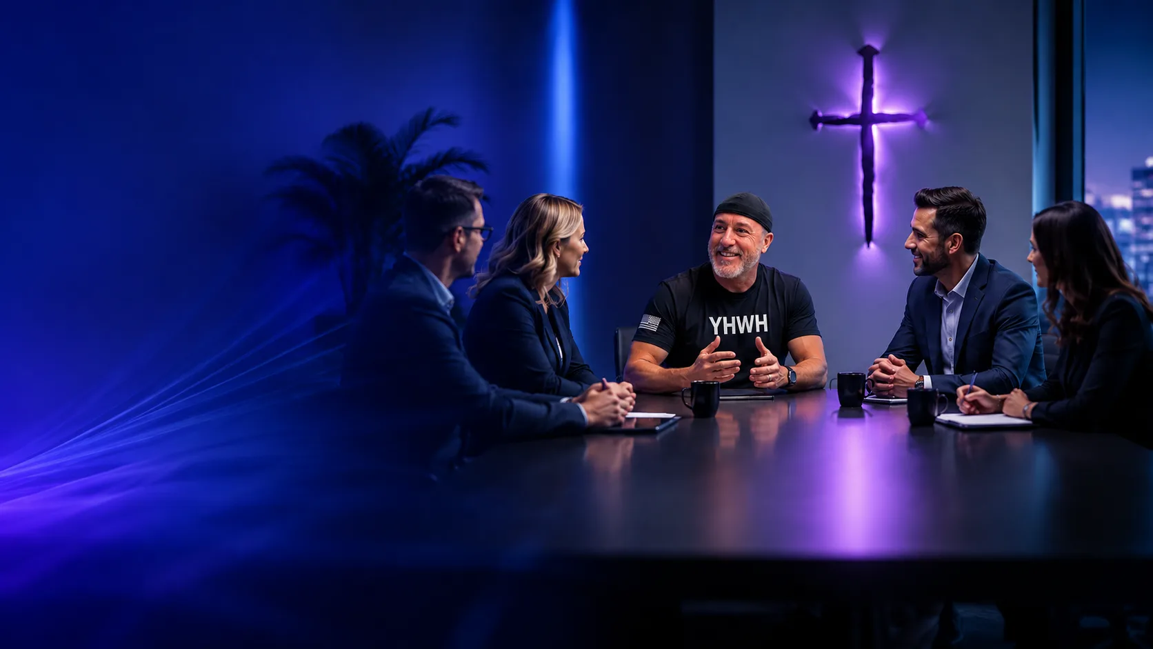 Business owners in conversation around a boardroom table beneath a lit cross